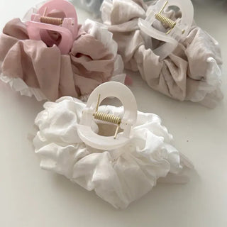 Shirred lace claw clip updo scrunchie