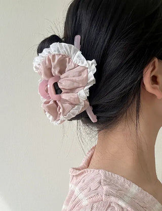 Shirred lace claw clip updo scrunchie