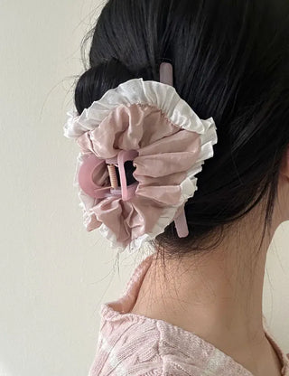 Shirred lace claw clip updo scrunchie