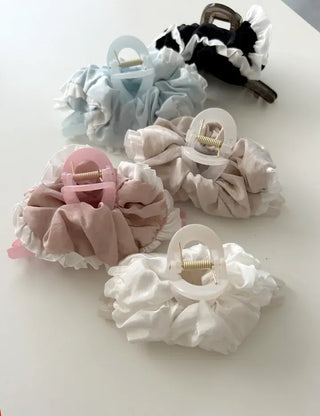 Shirred lace claw clip updo scrunchie