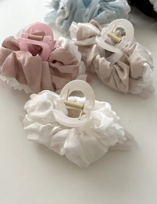 Shirred lace claw clip updo scrunchie