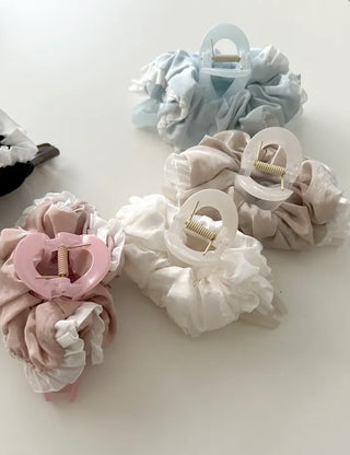 Shirred lace claw clip updo scrunchie