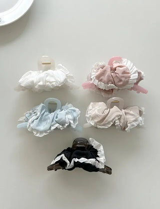 Shirred lace claw clip updo scrunchie
