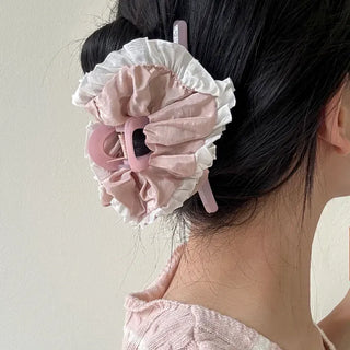 Shirred lace claw clip updo scrunchie