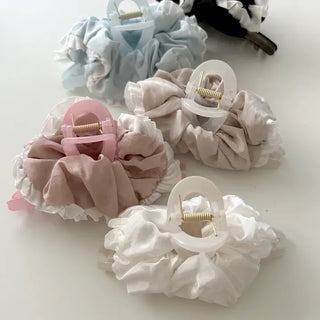 Shirred lace claw clip updo scrunchie