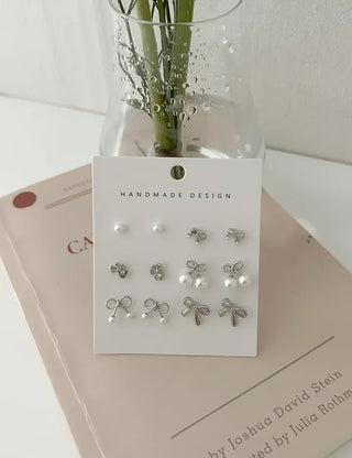 Piece Set Ribbon Earrings Pearl Daily Mini Earrings