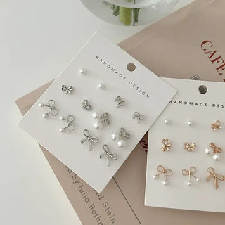 Piece Set Ribbon Earrings Pearl Daily Mini Earrings