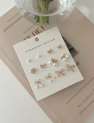 Piece Set Ribbon Earrings Pearl Daily Mini Earrings