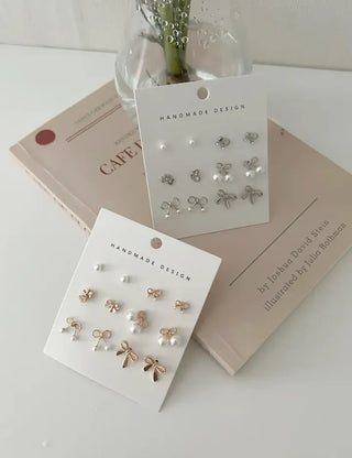 Piece Set Ribbon Earrings Pearl Daily Mini Earrings
