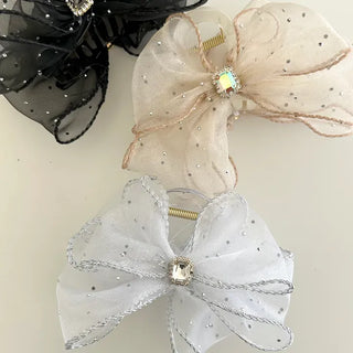 Silver pearl ribbon hair clip, cubic zirconia half-updo hair clip