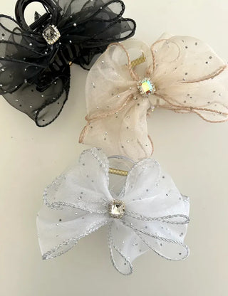 Silver pearl ribbon hair clip, cubic zirconia half-updo hair clip