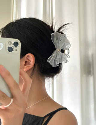 Silver pearl ribbon hair clip, cubic zirconia half-updo hair clip