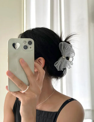 Silver pearl ribbon hair clip, cubic zirconia half-updo hair clip