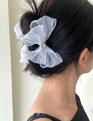 Silver pearl ribbon hair clip, cubic zirconia half-updo hair clip