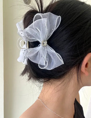 Silver pearl ribbon hair clip, cubic zirconia half-updo hair clip