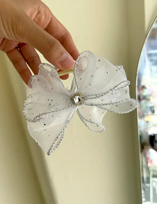 Silver pearl ribbon hair clip, cubic zirconia half-updo hair clip