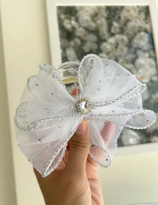 Silver pearl ribbon hair clip, cubic zirconia half-updo hair clip