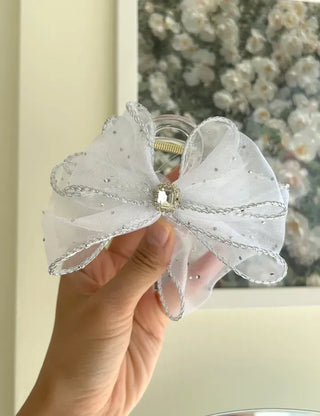 Silver pearl ribbon hair clip, cubic zirconia half-updo hair clip