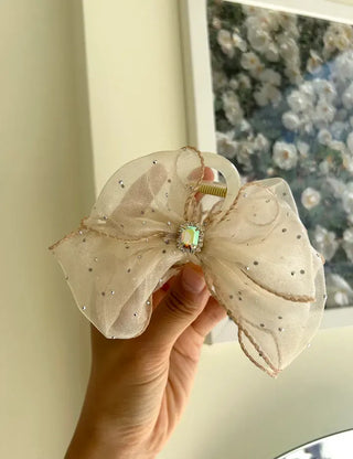 Silver pearl ribbon hair clip, cubic zirconia half-updo hair clip
