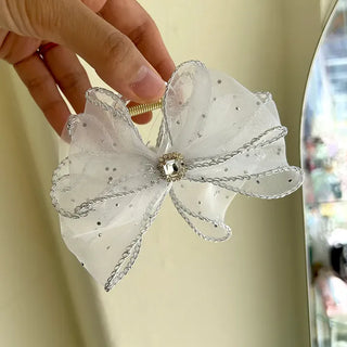 Silver pearl ribbon hair clip, cubic zirconia half-updo hair clip