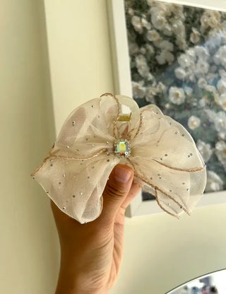 Silver pearl ribbon hair clip, cubic zirconia half-updo hair clip
