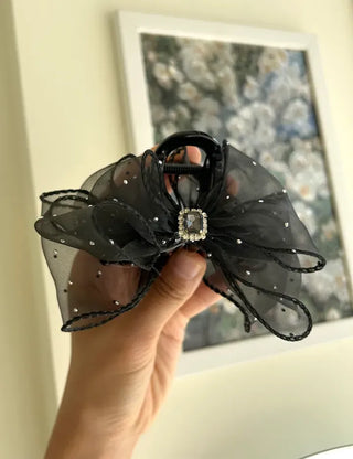 Silver pearl ribbon hair clip, cubic zirconia half-updo hair clip