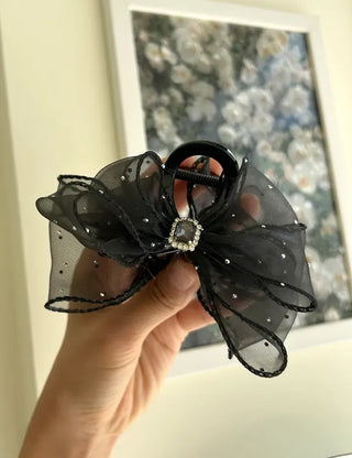 Silver pearl ribbon hair clip, cubic zirconia half-updo hair clip