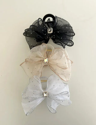 Silver pearl ribbon hair clip, cubic zirconia half-updo hair clip