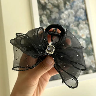 Silver pearl ribbon hair clip, cubic zirconia half-updo hair clip