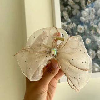 Silver pearl ribbon hair clip, cubic zirconia half-updo hair clip