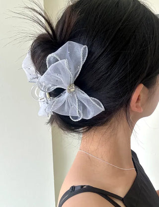 Silver pearl ribbon hair clip, cubic zirconia half-updo hair clip