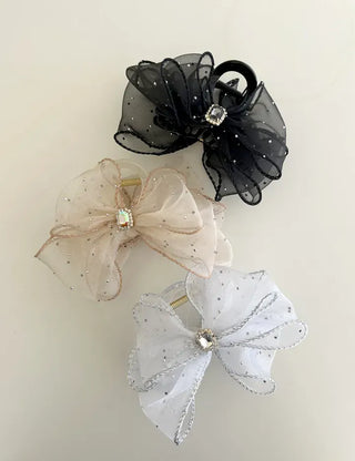 Silver pearl ribbon hair clip, cubic zirconia half-updo hair clip