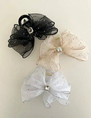 Silver pearl ribbon hair clip, cubic zirconia half-updo hair clip