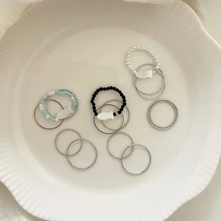 Fish bead ring, mother-of-pearl thread ring, layered set