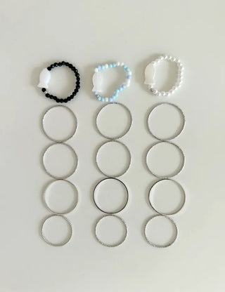 Fish bead ring, mother-of-pearl thread ring, layered set