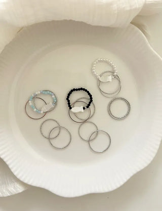 Fish bead ring, mother-of-pearl thread ring, layered set