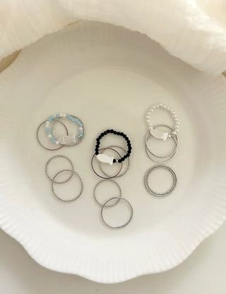 Fish bead ring, mother-of-pearl thread ring, layered set