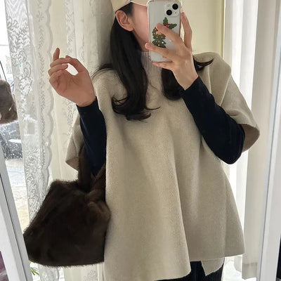 Loose turtleneck cape shawl knit vest