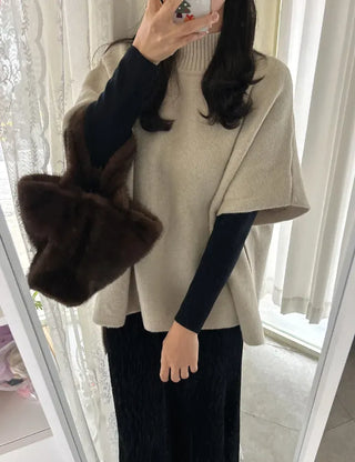 Loose turtleneck cape shawl knit vest