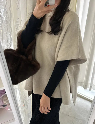Loose turtleneck cape shawl knit vest