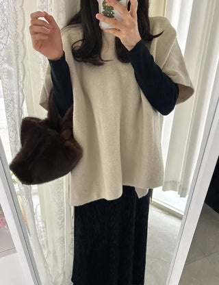 Loose turtleneck cape shawl knit vest