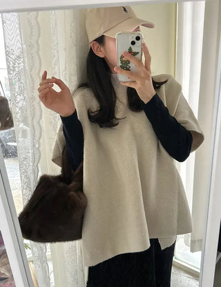 Loose turtleneck cape shawl knit vest