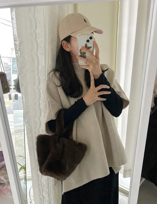 Loose turtleneck cape shawl knit vest