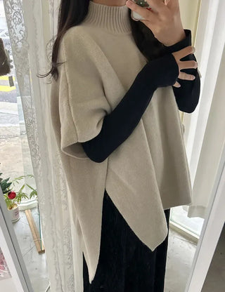 Loose turtleneck cape shawl knit vest