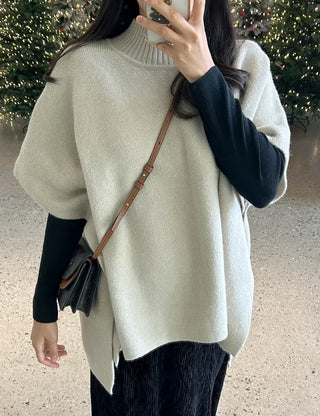 Loose turtleneck cape shawl knit vest