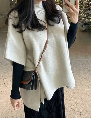 Loose turtleneck cape shawl knit vest