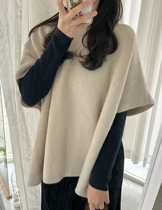 Loose turtleneck cape shawl knit vest