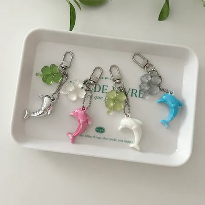 Dolphin four-leaf clover keyring lucky phone strap car key holder