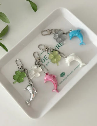 Dolphin four-leaf clover keyring lucky phone strap car key holder