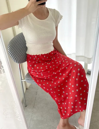 Flower pleated skirt women's elastic long skirt